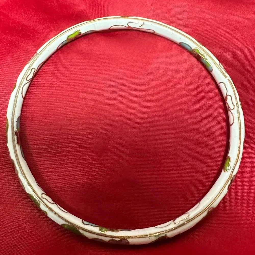 Vintage White Cloisonne Enamel Bangle Bracelet Flowers women’s Jewelry 827